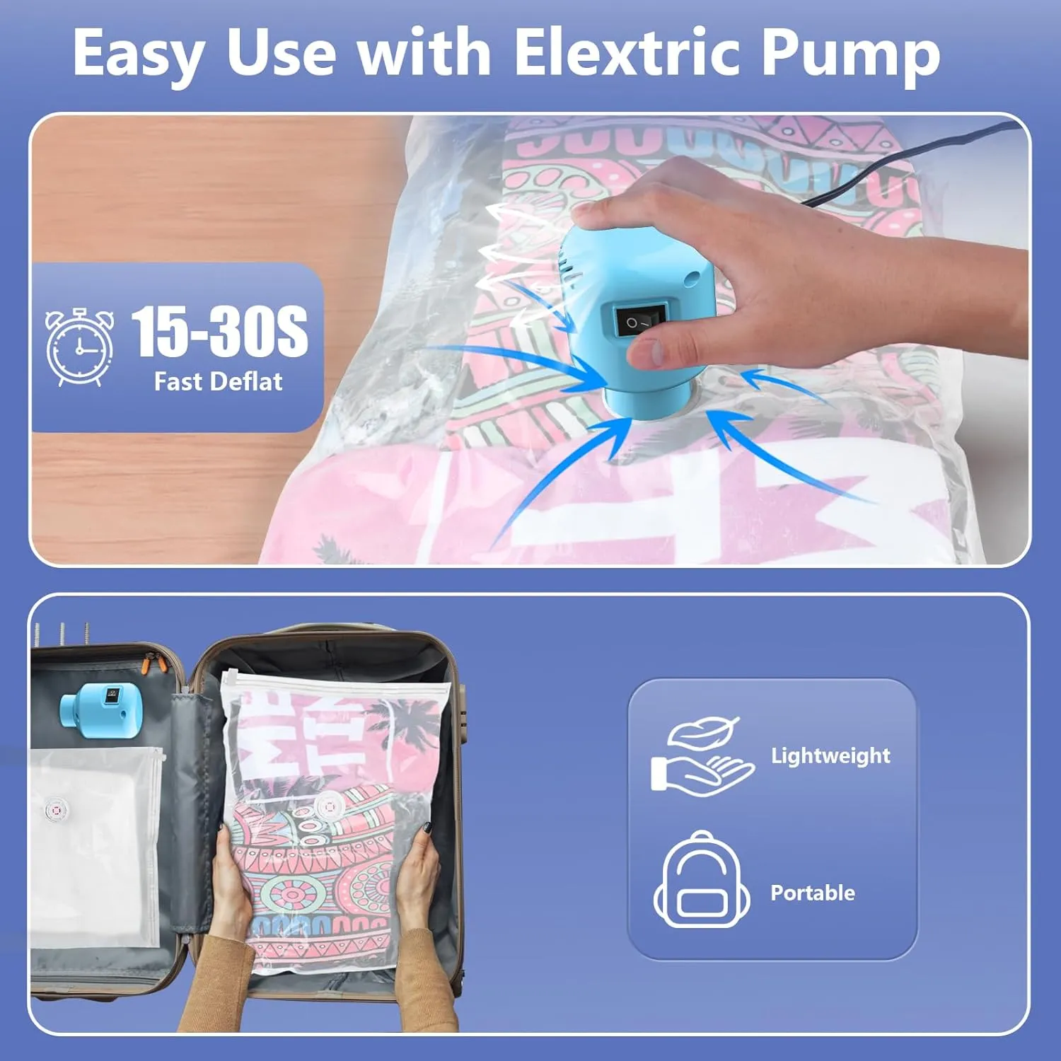 Vacuum Seal Bags for Clothing Travel, 5 Pack Space Saver Vacuum Storage Bags with Electric Pump,Portable Compression Sealer for Clothes, Blankets, Bedding & Travel,Good for Storage and Organization