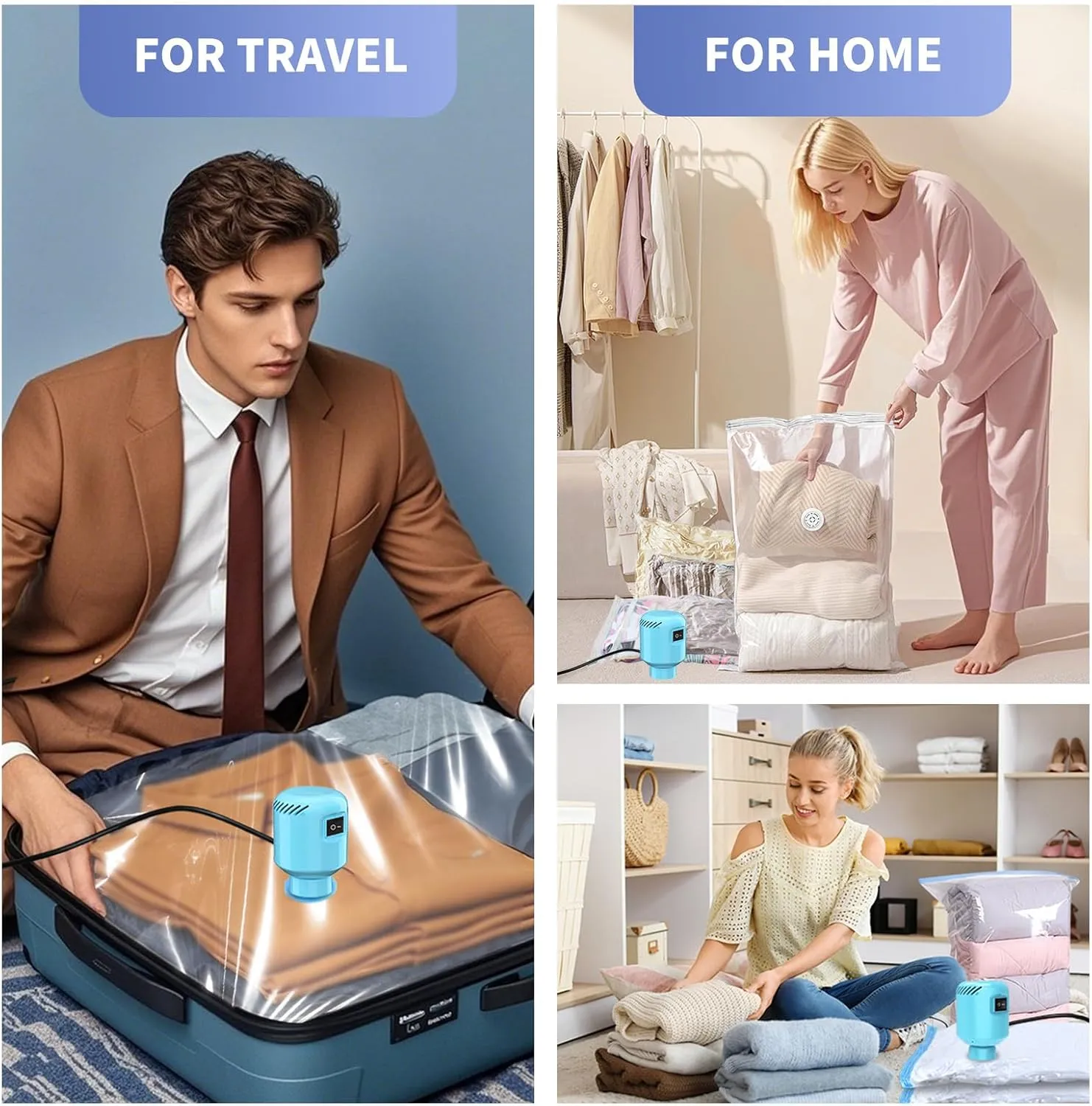 Vacuum Seal Bags for Clothing Travel, 5 Pack Space Saver Vacuum Storage Bags with Electric Pump,Portable Compression Sealer for Clothes, Blankets, Bedding & Travel,Good for Storage and Organization