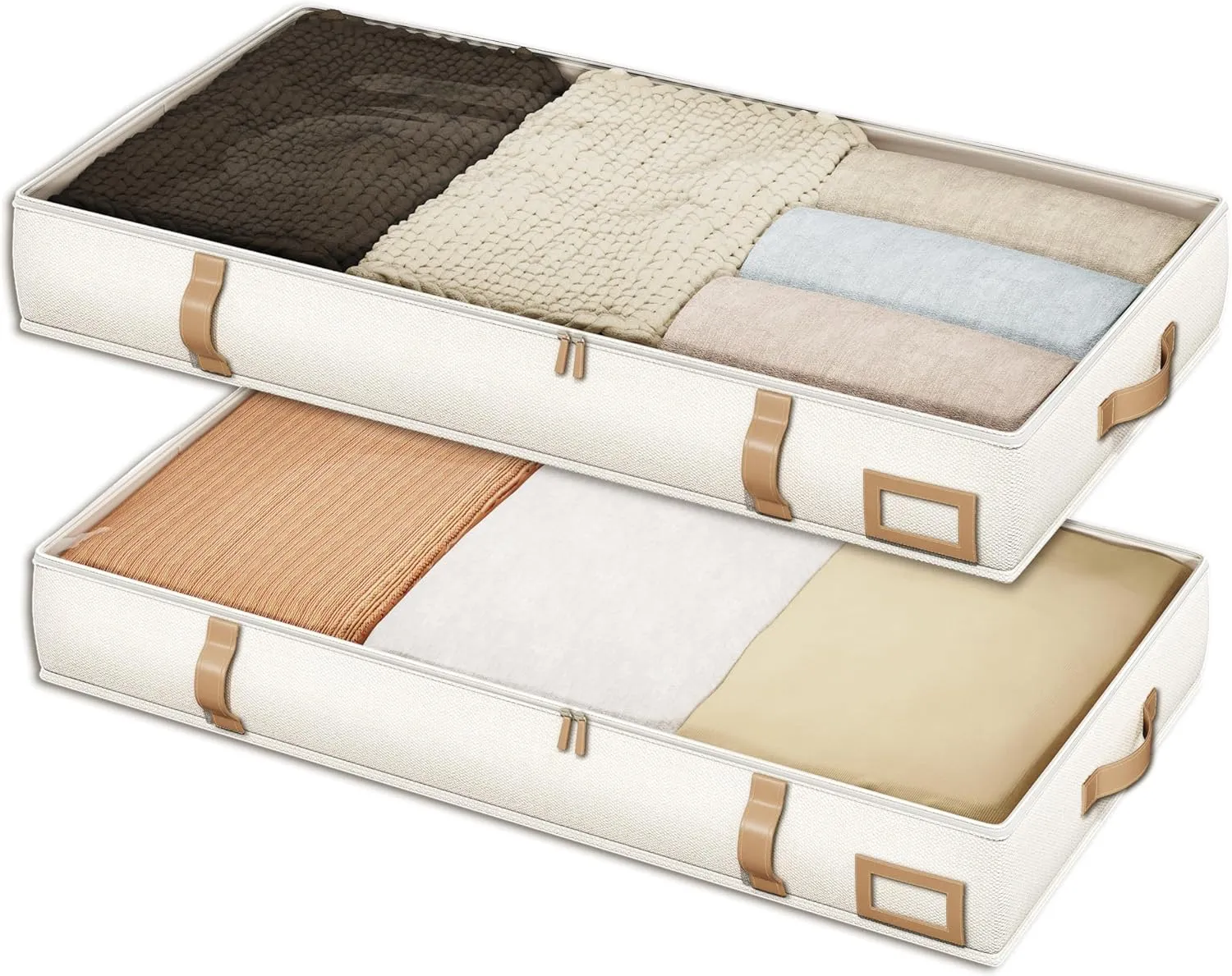 Vailando Under Bed Storage Containers, Foldable Storage Bins for Blankets, Comforter, and Seasonal Clothing, 6 Inches Tall, Beige with Brown Leather Handles, 2-Pack