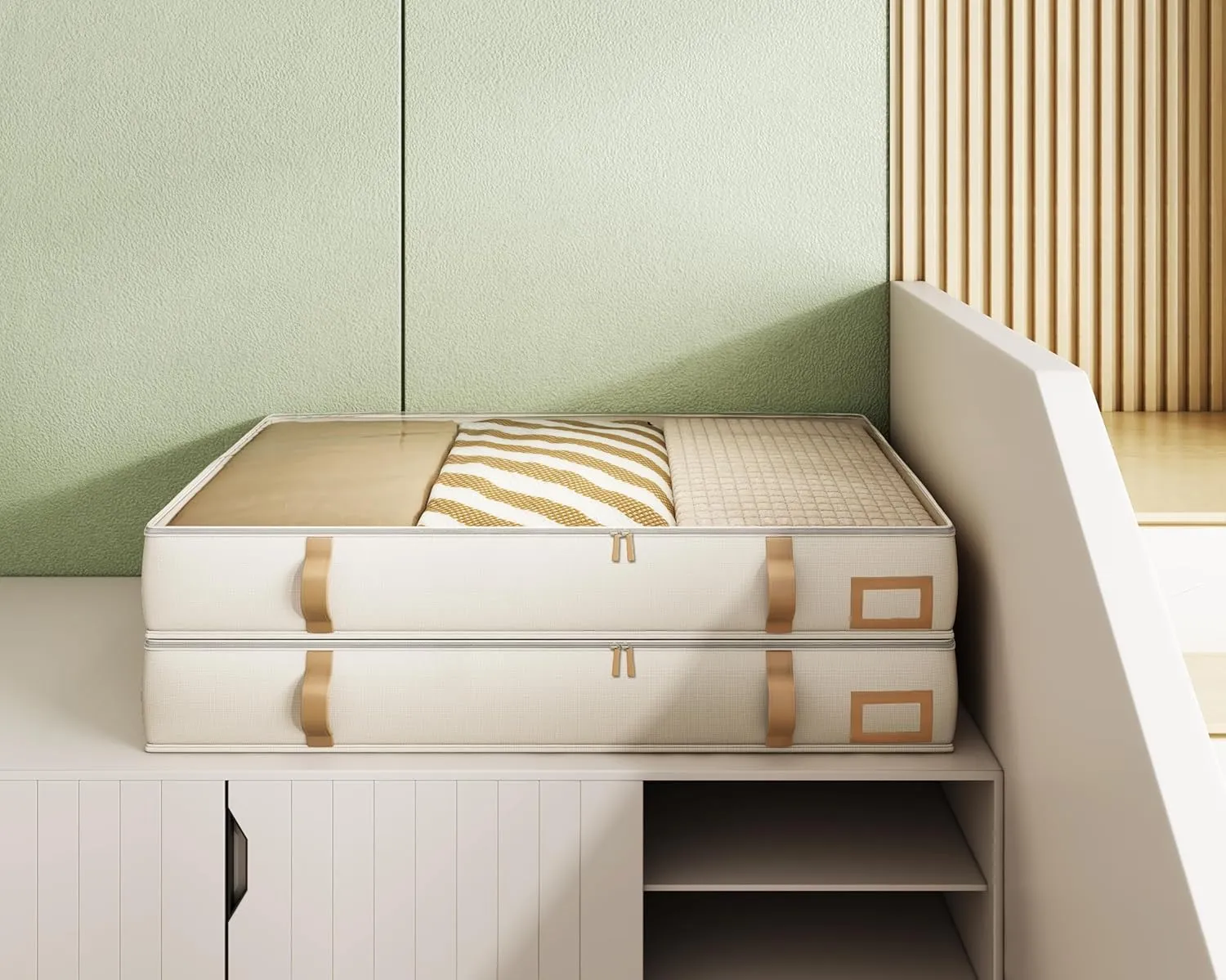 Vailando Under Bed Storage Containers, Foldable Storage Bins for Blankets, Comforter, and Seasonal Clothing, 6 Inches Tall, Beige with Brown Leather Handles, 2-Pack