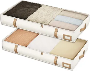 Vailando Under Bed Storage Containers, Foldable Storage Bins for Blankets, Comforter, and Seasonal Clothing, 6 Inches Tall, Beige with Brown Leather Handles, 2-Pack