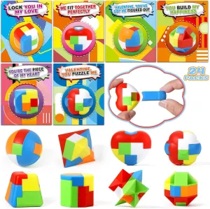 Valentines' Day Cards with 24 Pack Brain Teaser Puzzle for Kids School Classroom, Valentines' Gifts for School Exchange, 3D Brain Teaser Puzzle Bulk for Party Favors