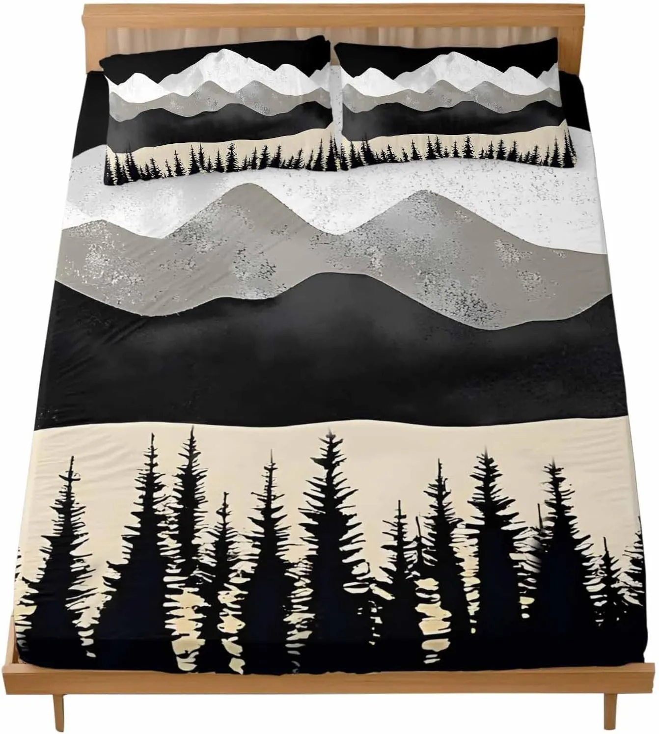 Vandarllin California King Sheet Set Black Mountains Bed Sheets Set with 16 Inch Deep Pockets Forest Peaks Landscape Soft Luxury Hotel Bedding Sheets for All Season with Elastic Corner Straps