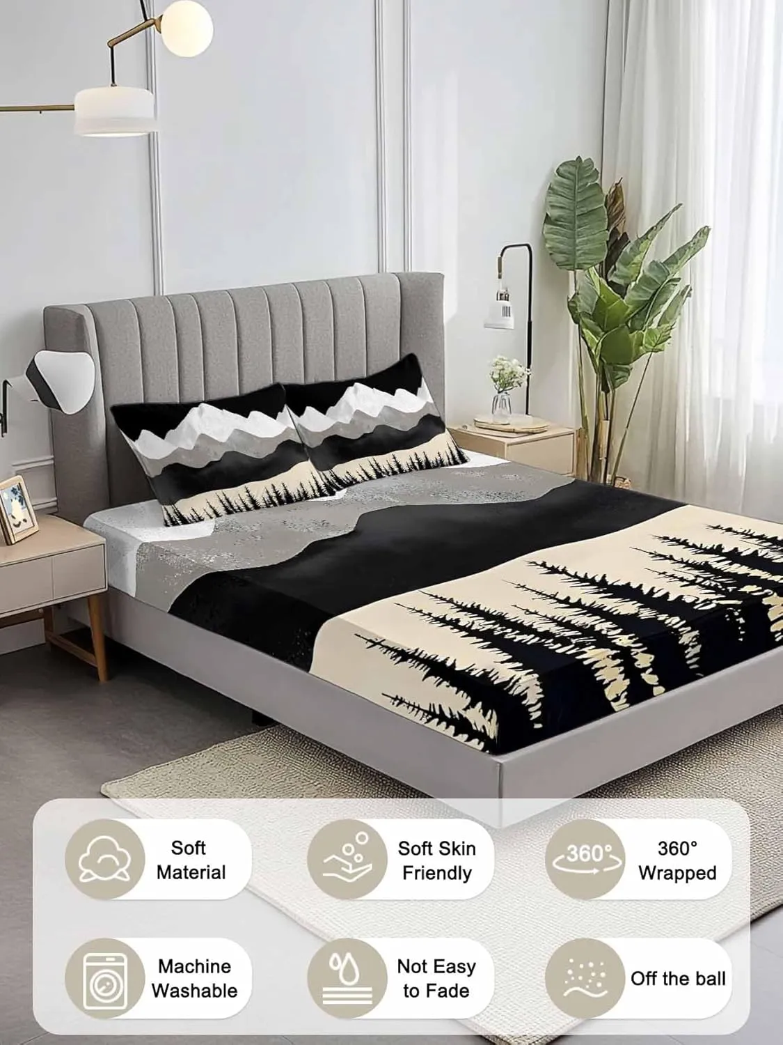 Vandarllin California King Sheet Set Black Mountains Bed Sheets Set with 16 Inch Deep Pockets Forest Peaks Landscape Soft Luxury Hotel Bedding Sheets for All Season with Elastic Corner Straps