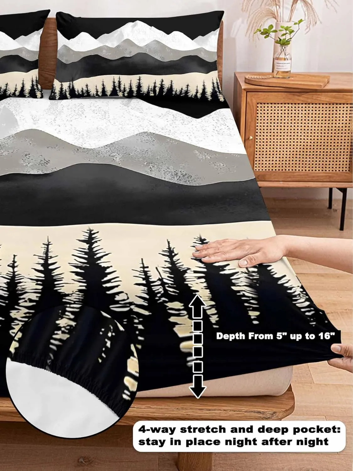 Vandarllin California King Sheet Set Black Mountains Bed Sheets Set with 16 Inch Deep Pockets Forest Peaks Landscape Soft Luxury Hotel Bedding Sheets for All Season with Elastic Corner Straps