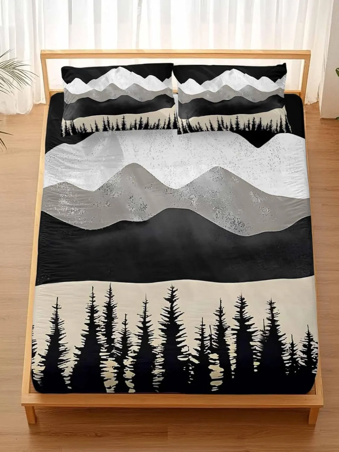 Vandarllin California King Sheet Set Black Mountains Bed Sheets Set with 16 Inch Deep Pockets Forest Peaks Landscape Soft Luxury Hotel Bedding Sheets for All Season with Elastic Corner Straps