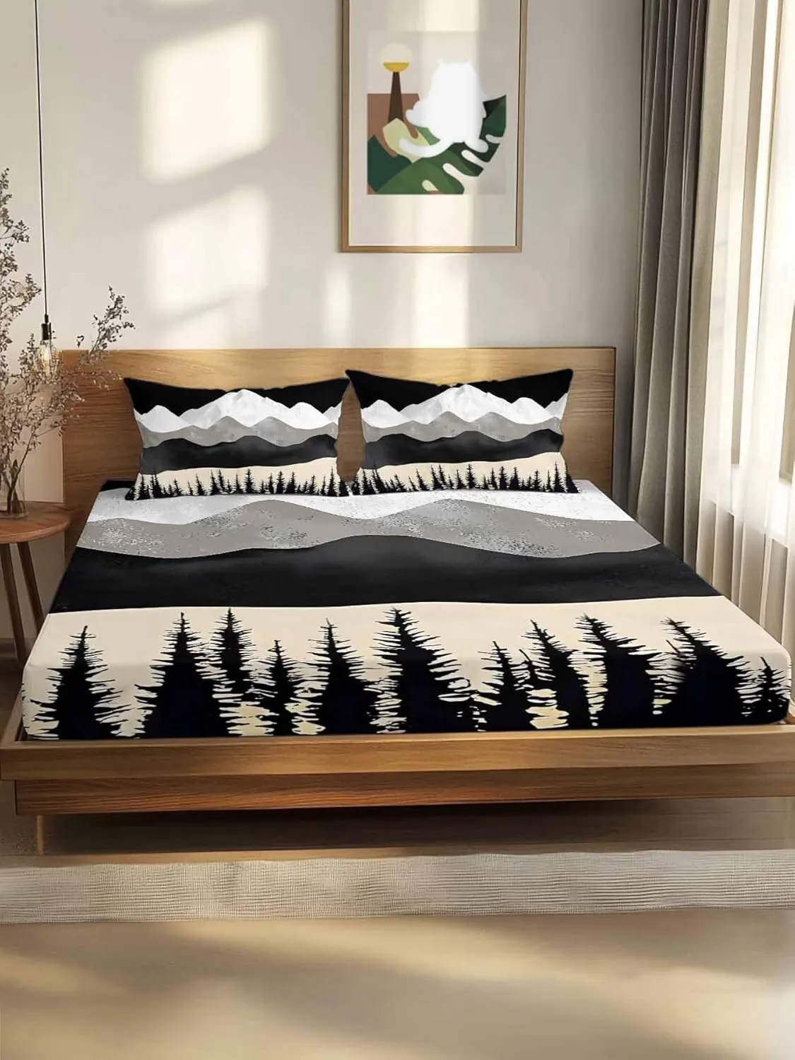 Vandarllin California King Sheet Set Black Mountains Bed Sheets Set with 16 Inch Deep Pockets Forest Peaks Landscape Soft Luxury Hotel Bedding Sheets for All Season with Elastic Corner Straps