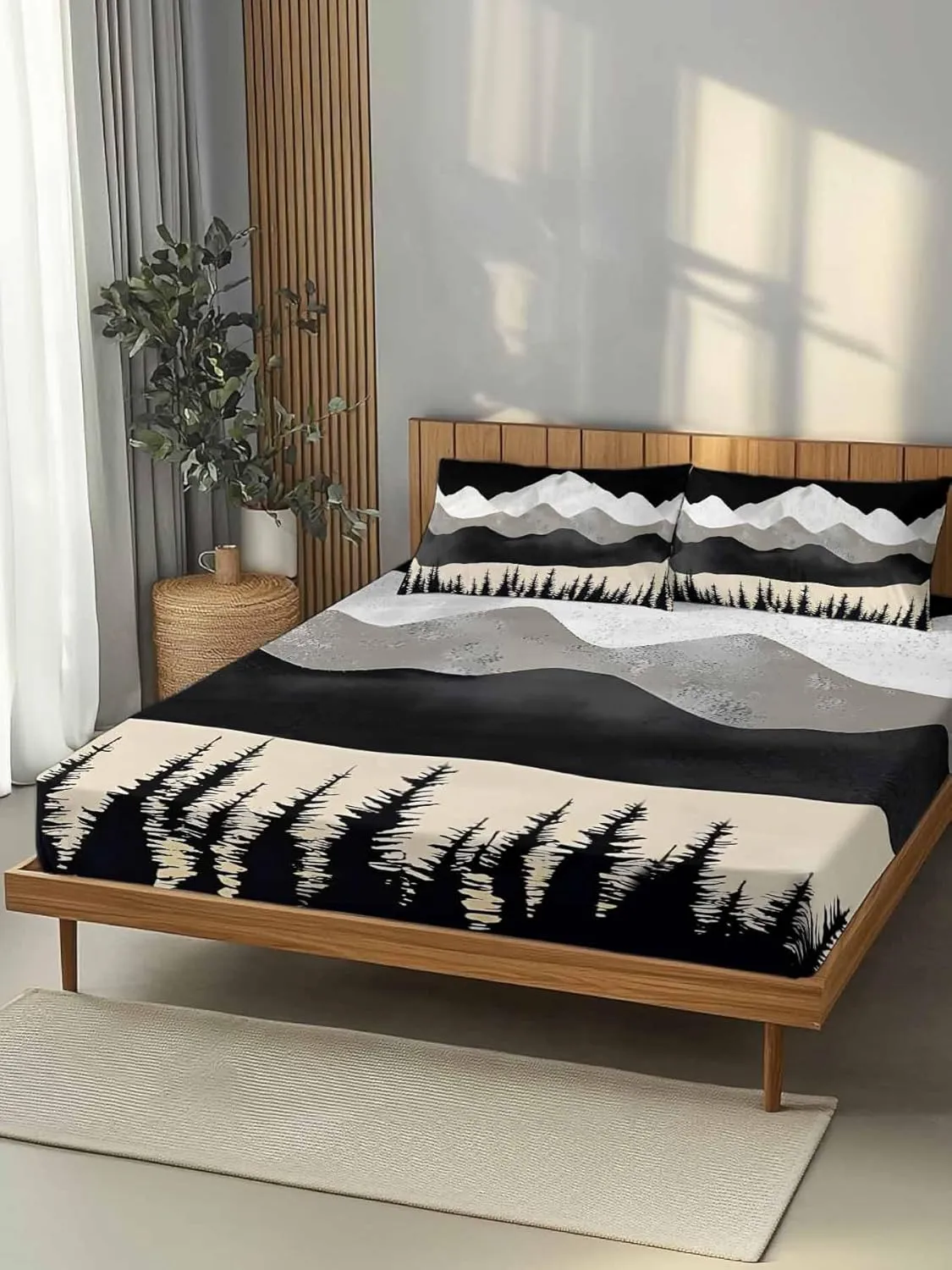 Vandarllin California King Sheet Set Black Mountains Bed Sheets Set with 16 Inch Deep Pockets Forest Peaks Landscape Soft Luxury Hotel Bedding Sheets for All Season with Elastic Corner Straps