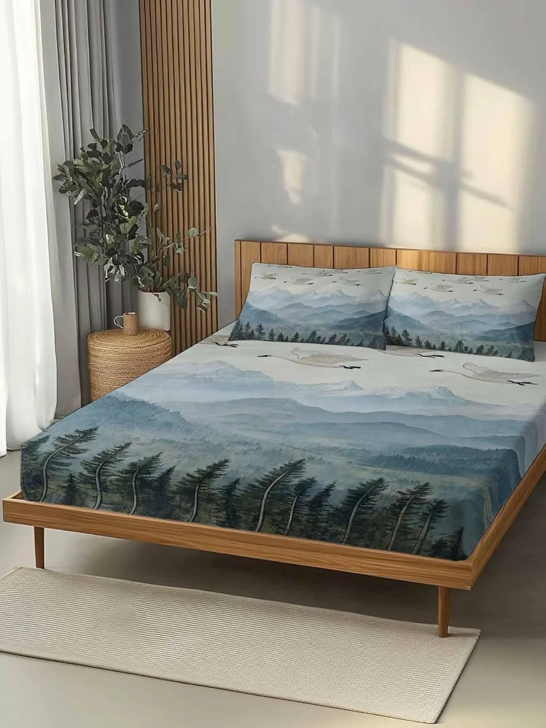 Vandarllin Full Sheet Set Geese Bed Sheets Set with 16 Inch Deep Pockets Forest Mountain Peak Landscape Soft Luxury Hotel Bedding Sheets with Elastic Corner Straps