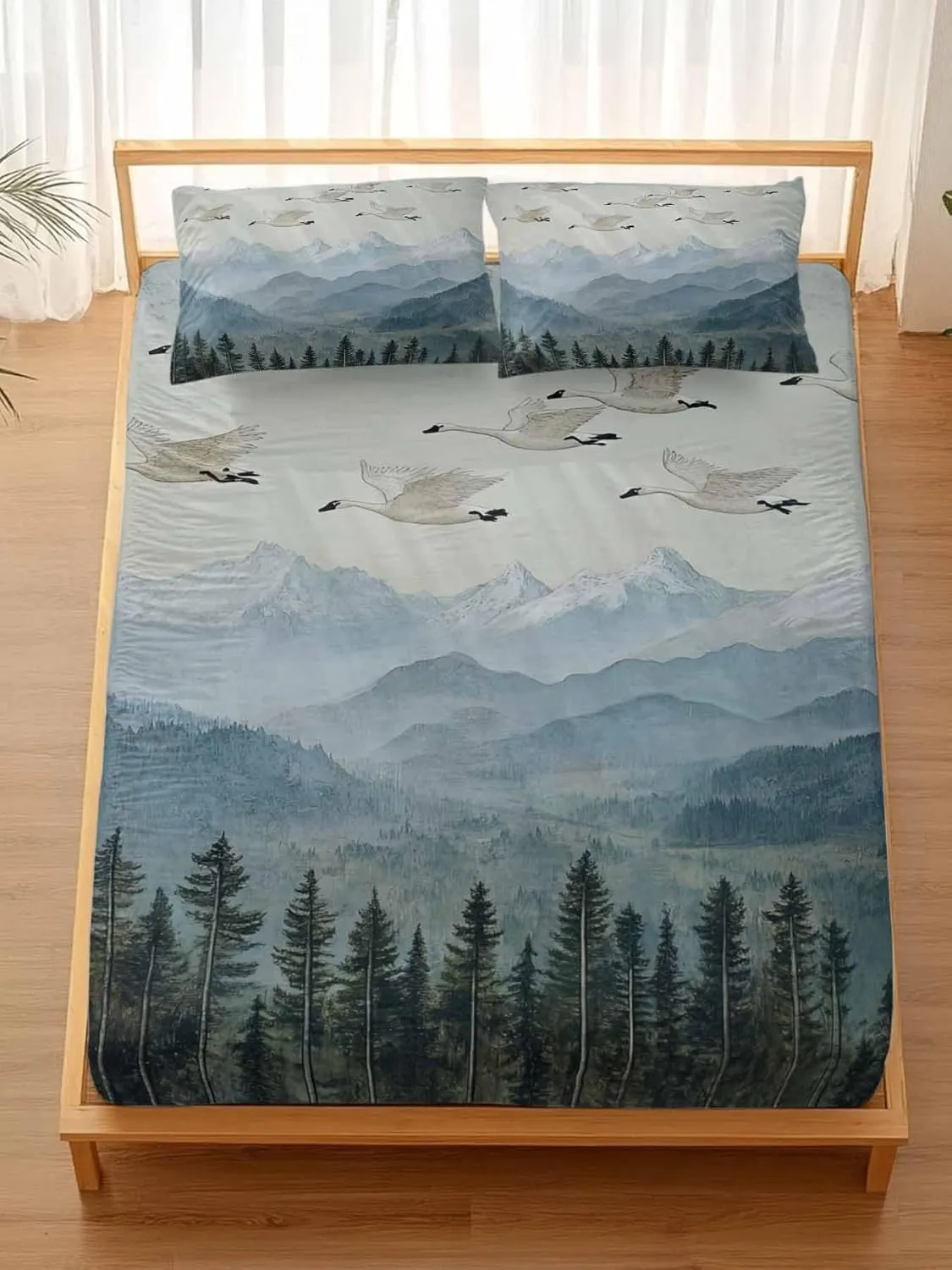 Vandarllin Full Sheet Set Geese Bed Sheets Set with 16 Inch Deep Pockets Forest Mountain Peak Landscape Soft Luxury Hotel Bedding Sheets with Elastic Corner Straps