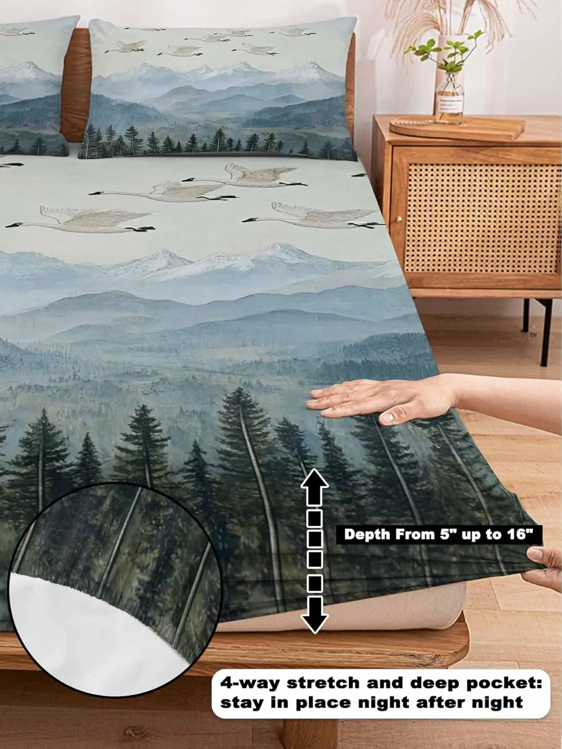 Vandarllin Full Sheet Set Geese Bed Sheets Set with 16 Inch Deep Pockets Forest Mountain Peak Landscape Soft Luxury Hotel Bedding Sheets with Elastic Corner Straps