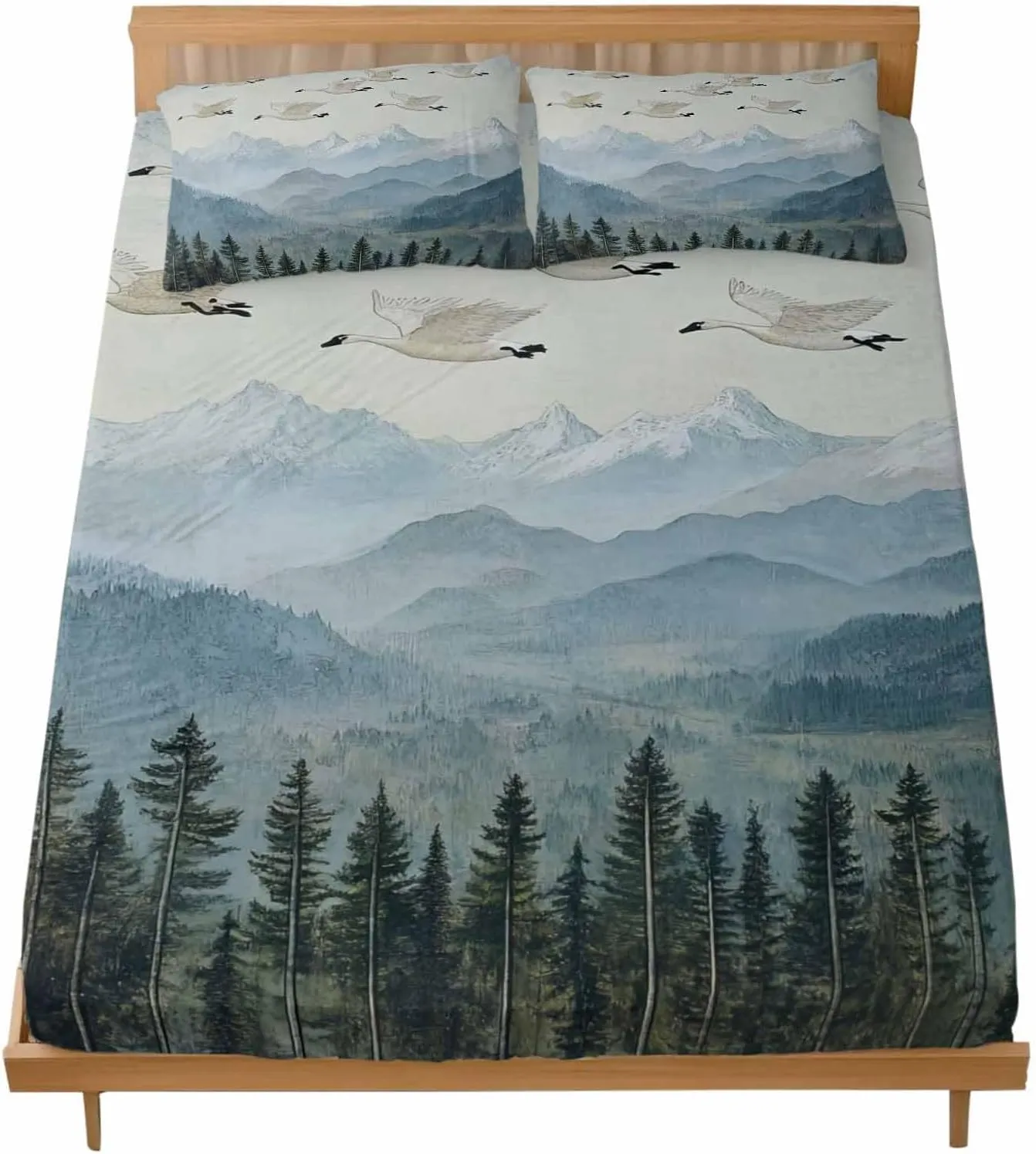 Vandarllin Full Sheet Set Geese Bed Sheets Set with 16 Inch Deep Pockets Forest Mountain Peak Landscape Soft Luxury Hotel Bedding Sheets with Elastic Corner Straps
