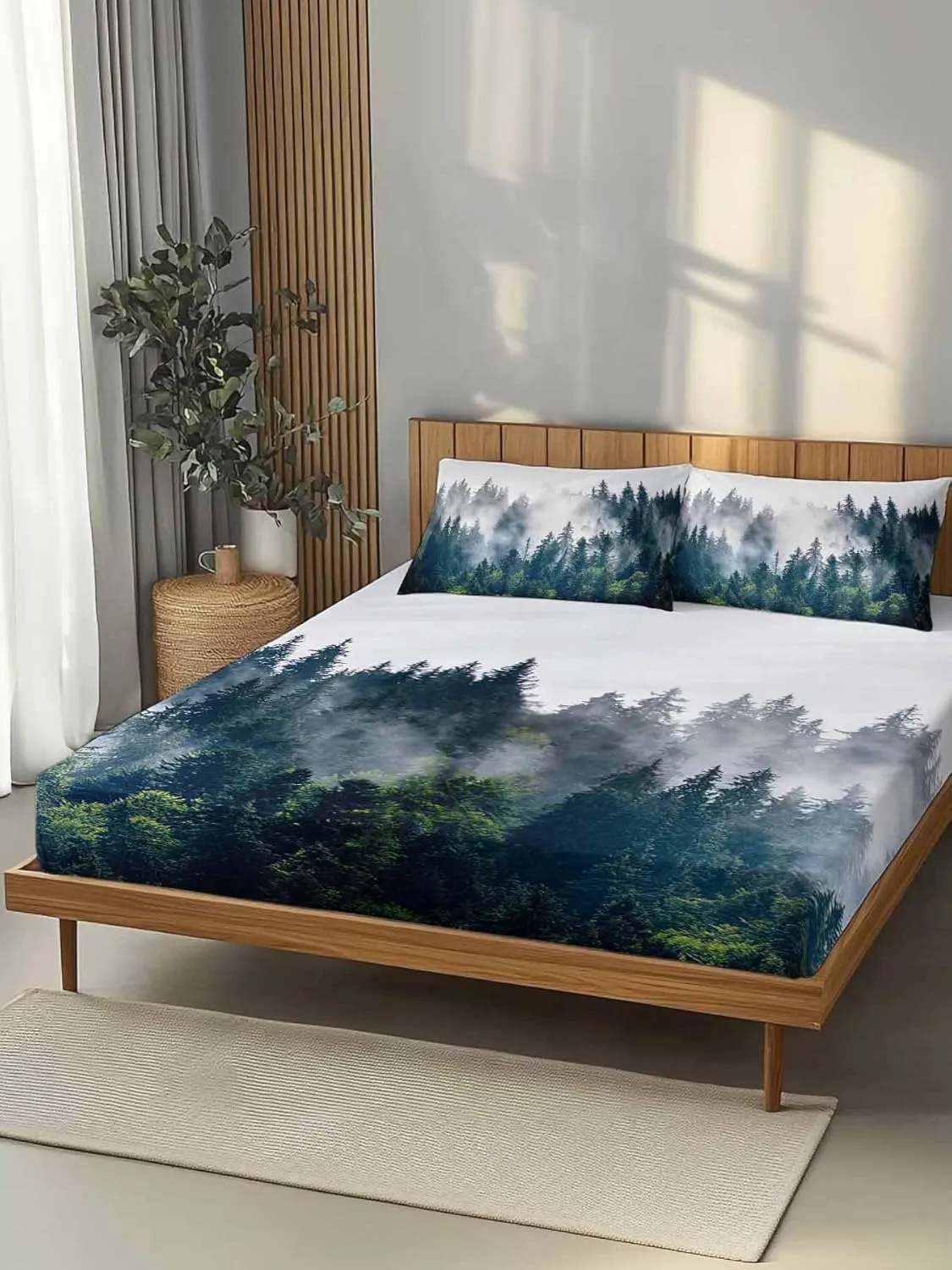 Vandarllin Full Sheet Set Misty Forest Bed Sheets Set with 16 Inch Deep Pockets Green Trees Mountain Landscape Soft Luxury Hotel Bedding Sheets with Elastic Corner Straps