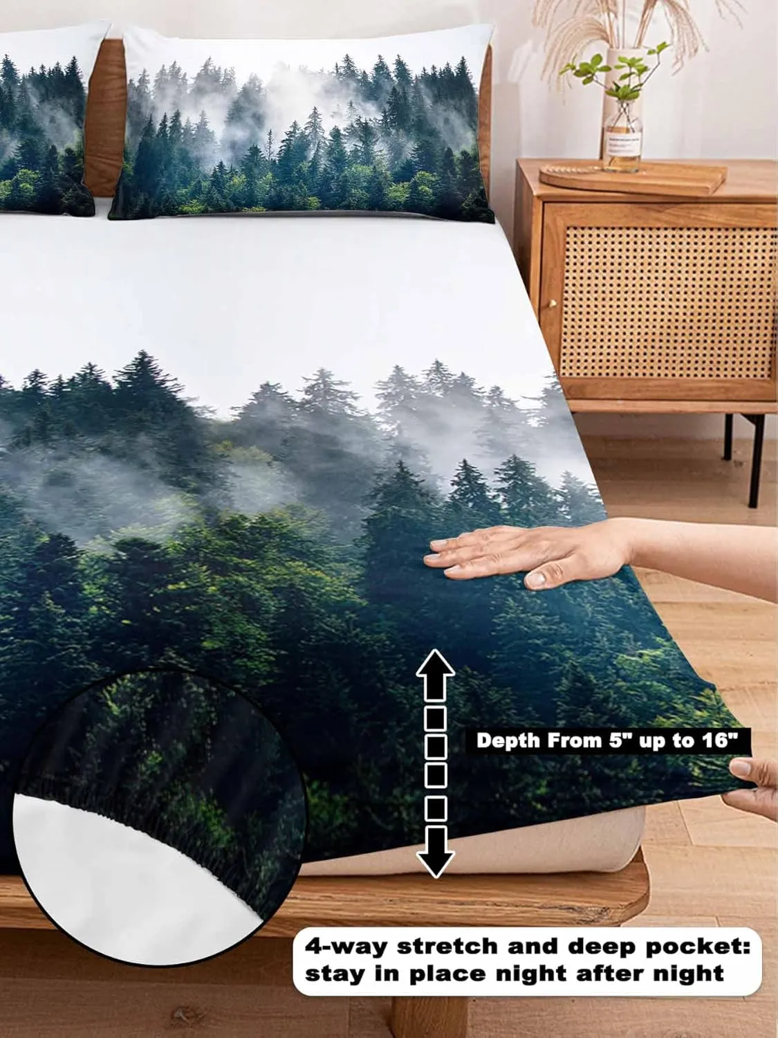 Vandarllin Full Sheet Set Misty Forest Bed Sheets Set with 16 Inch Deep Pockets Green Trees Mountain Landscape Soft Luxury Hotel Bedding Sheets with Elastic Corner Straps