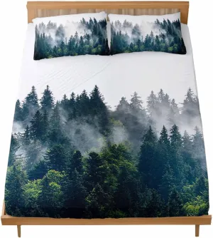 Vandarllin Full Sheet Set Misty Forest Bed Sheets Set with 16 Inch Deep Pockets Green Trees Mountain Landscape Soft Luxury Hotel Bedding Sheets with Elastic Corner Straps