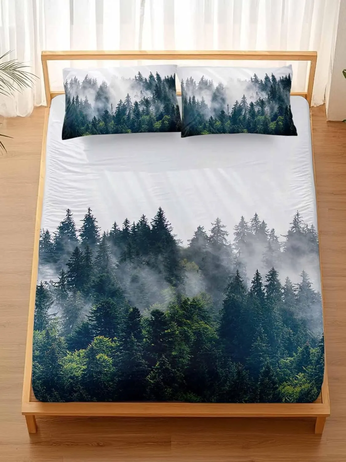Vandarllin Full Sheet Set Misty Forest Bed Sheets Set with 16 Inch Deep Pockets Green Trees Mountain Landscape Soft Luxury Hotel Bedding Sheets with Elastic Corner Straps