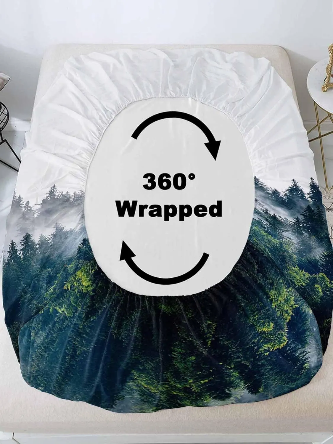 Vandarllin Full Sheet Set Misty Forest Bed Sheets Set with 16 Inch Deep Pockets Green Trees Mountain Landscape Soft Luxury Hotel Bedding Sheets with Elastic Corner Straps