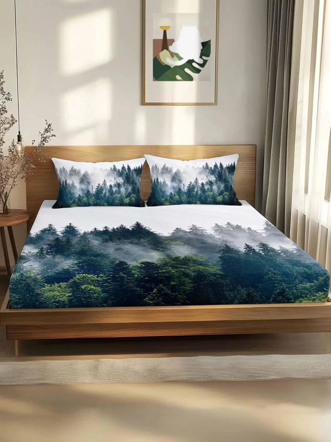 Vandarllin Full Sheet Set Misty Forest Bed Sheets Set with 16 Inch Deep Pockets Green Trees Mountain Landscape Soft Luxury Hotel Bedding Sheets with Elastic Corner Straps