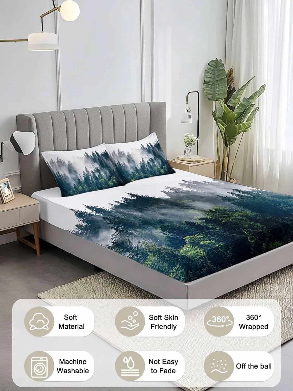 Vandarllin Full Sheet Set Misty Forest Bed Sheets Set with 16 Inch Deep Pockets Green Trees Mountain Landscape Soft Luxury Hotel Bedding Sheets with Elastic Corner Straps
