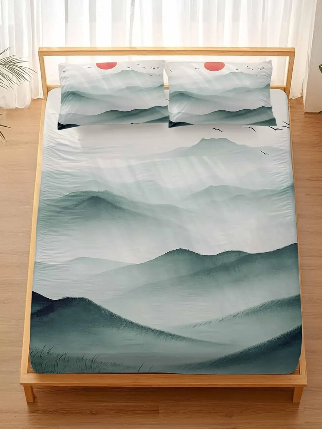 Vandarllin Queen Sheet Set Sun Peaks Bed Sheets Set with 16 Inch Deep Pockets Mountain Bird Scenery Soft Luxury Hotel Bedding Sheets for All Season with Elastic Corner Straps