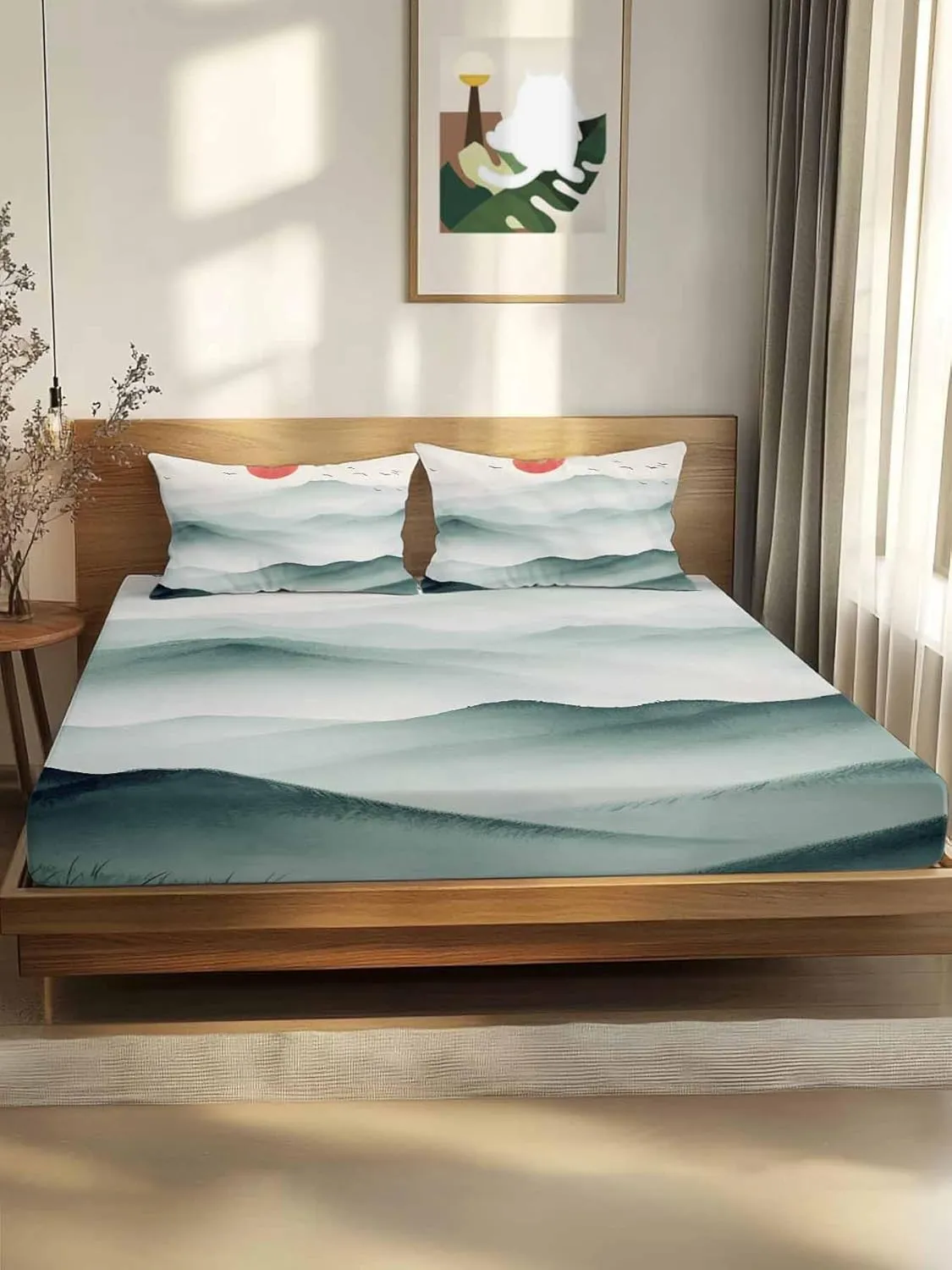 Vandarllin Queen Sheet Set Sun Peaks Bed Sheets Set with 16 Inch Deep Pockets Mountain Bird Scenery Soft Luxury Hotel Bedding Sheets for All Season with Elastic Corner Straps