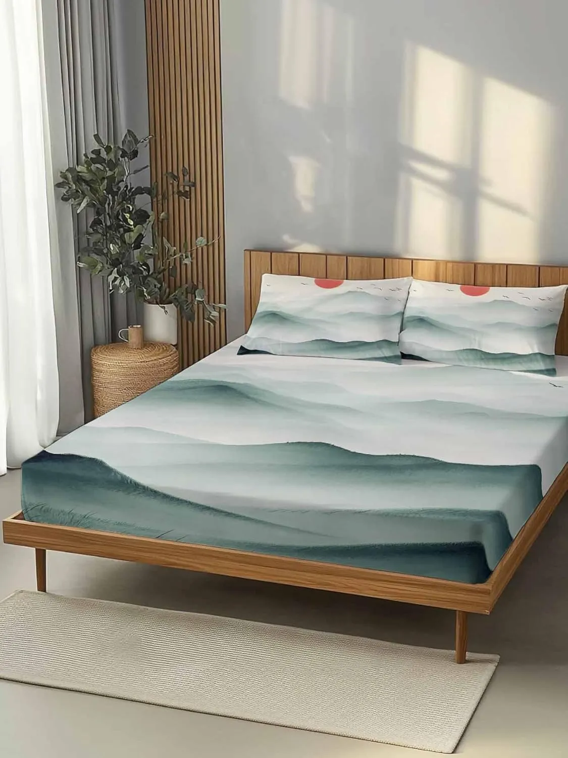 Vandarllin Queen Sheet Set Sun Peaks Bed Sheets Set with 16 Inch Deep Pockets Mountain Bird Scenery Soft Luxury Hotel Bedding Sheets for All Season with Elastic Corner Straps