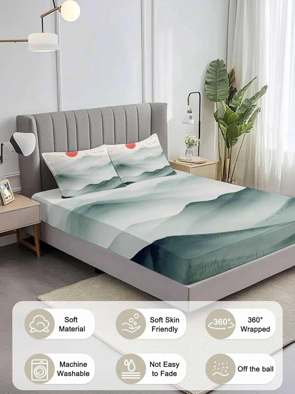 Vandarllin Queen Sheet Set Sun Peaks Bed Sheets Set with 16 Inch Deep Pockets Mountain Bird Scenery Soft Luxury Hotel Bedding Sheets for All Season with Elastic Corner Straps