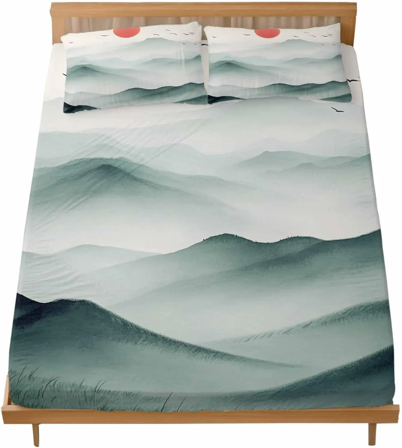 Vandarllin Queen Sheet Set Sun Peaks Bed Sheets Set with 16 Inch Deep Pockets Mountain Bird Scenery Soft Luxury Hotel Bedding Sheets for All Season with Elastic Corner Straps