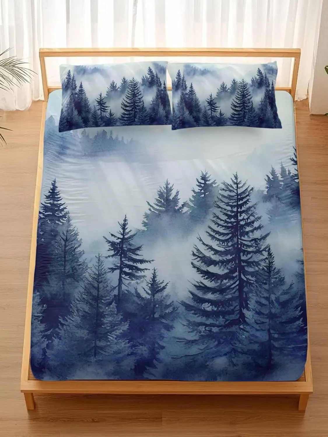 Vandarllin Twin Sheet Set Blue Misty Forest Bed Sheets Set with 16 Inch Deep Pockets Tree Mountains Soft Luxury Hotel Bedding Sheets for All Season with Elastic Corner Straps