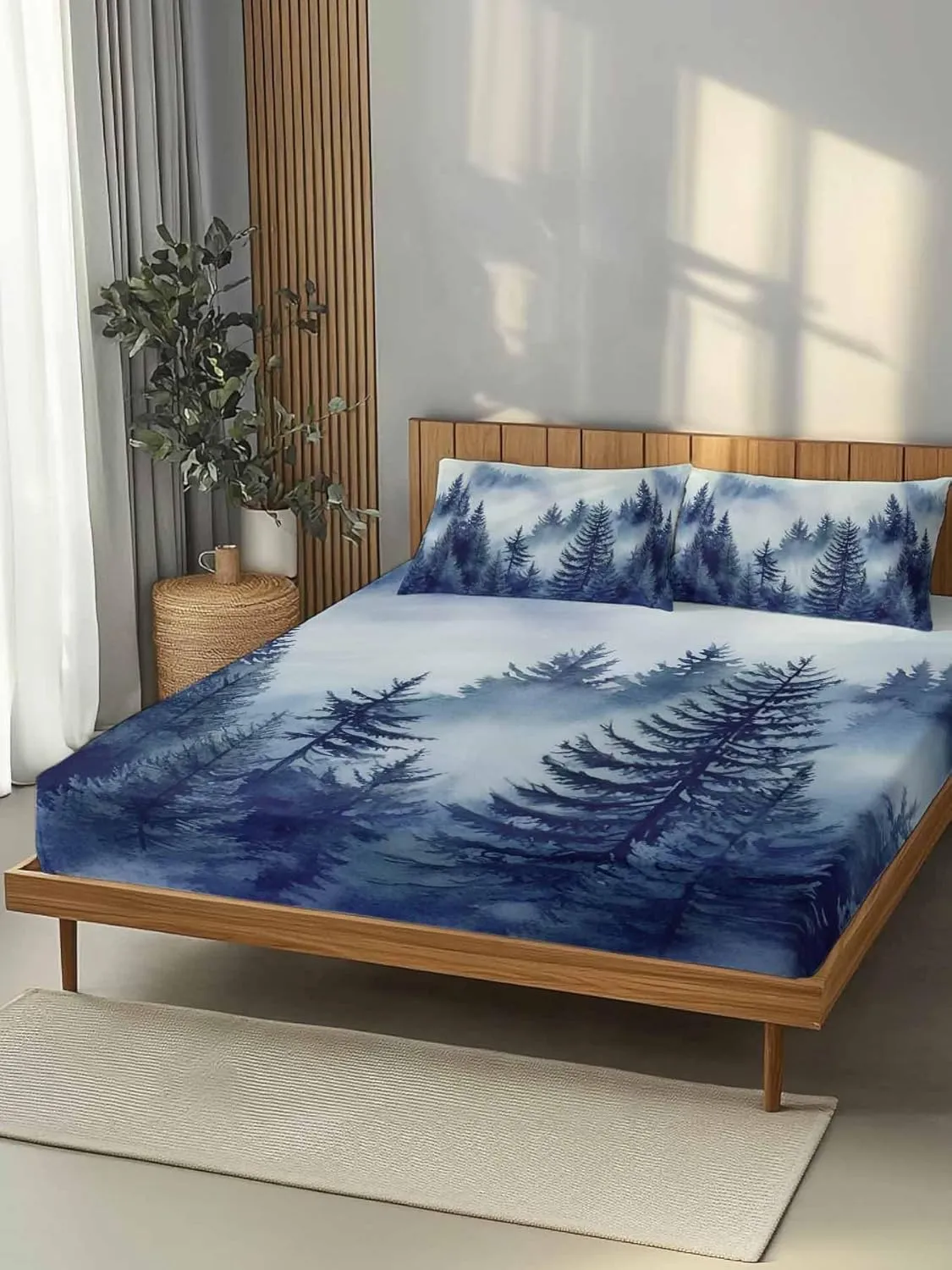 Vandarllin Twin Sheet Set Blue Misty Forest Bed Sheets Set with 16 Inch Deep Pockets Tree Mountains Soft Luxury Hotel Bedding Sheets for All Season with Elastic Corner Straps
