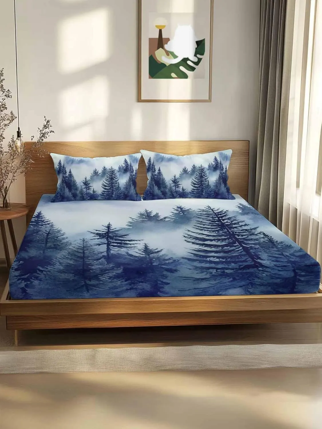 Vandarllin Twin Sheet Set Blue Misty Forest Bed Sheets Set with 16 Inch Deep Pockets Tree Mountains Soft Luxury Hotel Bedding Sheets for All Season with Elastic Corner Straps