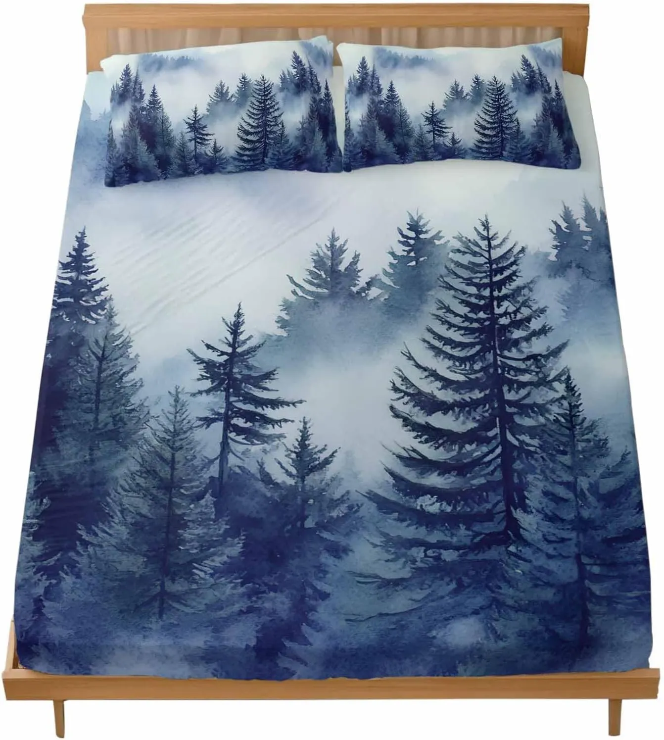 Vandarllin Twin Sheet Set Blue Misty Forest Bed Sheets Set with 16 Inch Deep Pockets Tree Mountains Soft Luxury Hotel Bedding Sheets for All Season with Elastic Corner Straps