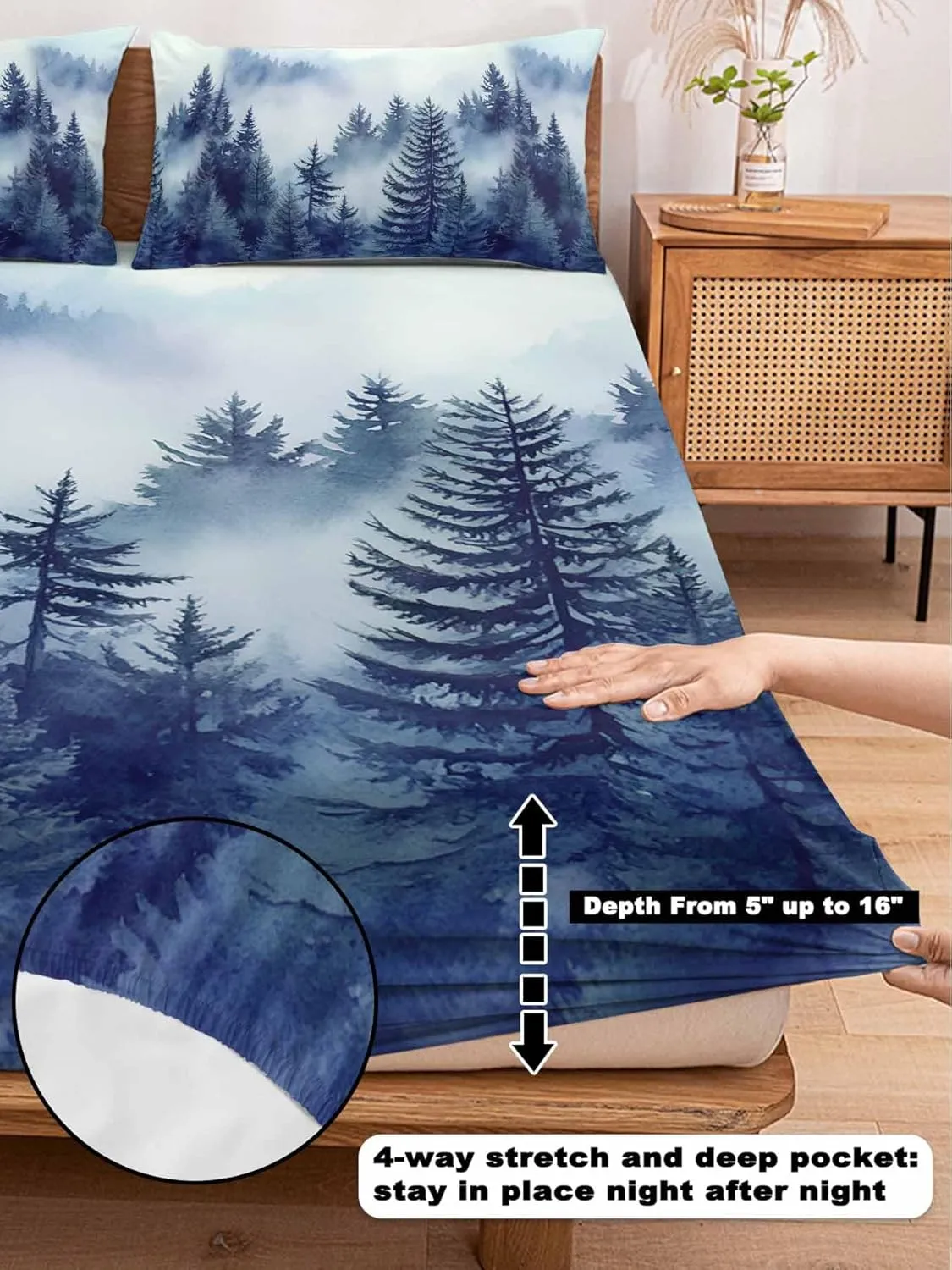 Vandarllin Twin Sheet Set Blue Misty Forest Bed Sheets Set with 16 Inch Deep Pockets Tree Mountains Soft Luxury Hotel Bedding Sheets for All Season with Elastic Corner Straps