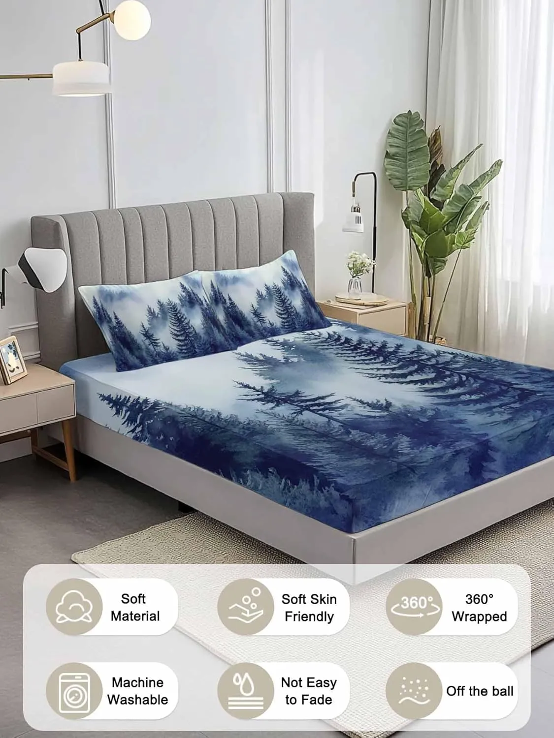 Vandarllin Twin Sheet Set Blue Misty Forest Bed Sheets Set with 16 Inch Deep Pockets Tree Mountains Soft Luxury Hotel Bedding Sheets for All Season with Elastic Corner Straps