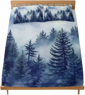 Vandarllin Twin Sheet Set Blue Misty Forest Bed Sheets Set with 16 Inch Deep Pockets Tree Mountains Soft Luxury Hotel Bedding Sheets for All Season with Elastic Corner Straps