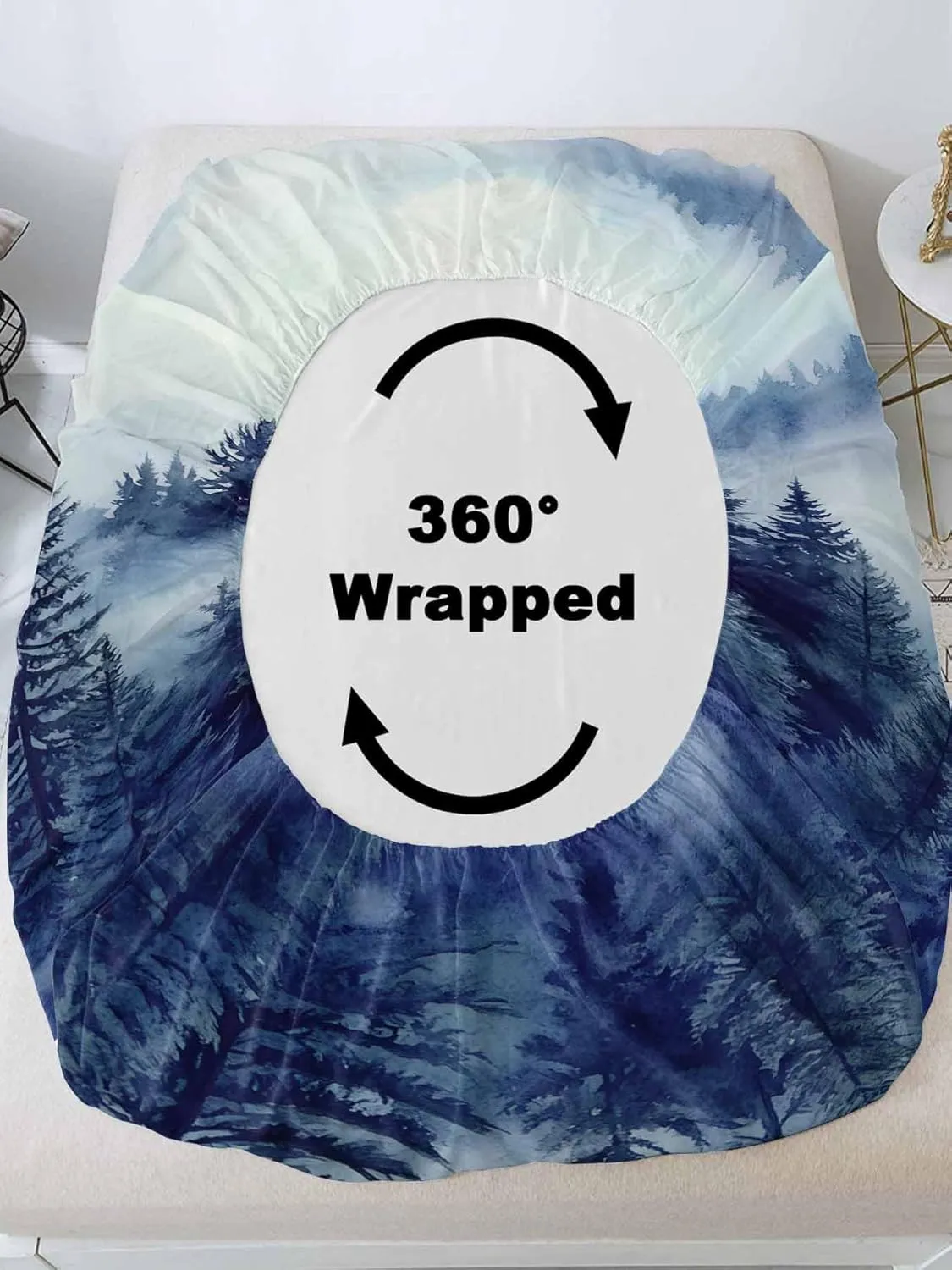 Vandarllin Twin Sheet Set Blue Misty Forest Bed Sheets Set with 16 Inch Deep Pockets Tree Mountains Soft Luxury Hotel Bedding Sheets for All Season with Elastic Corner Straps