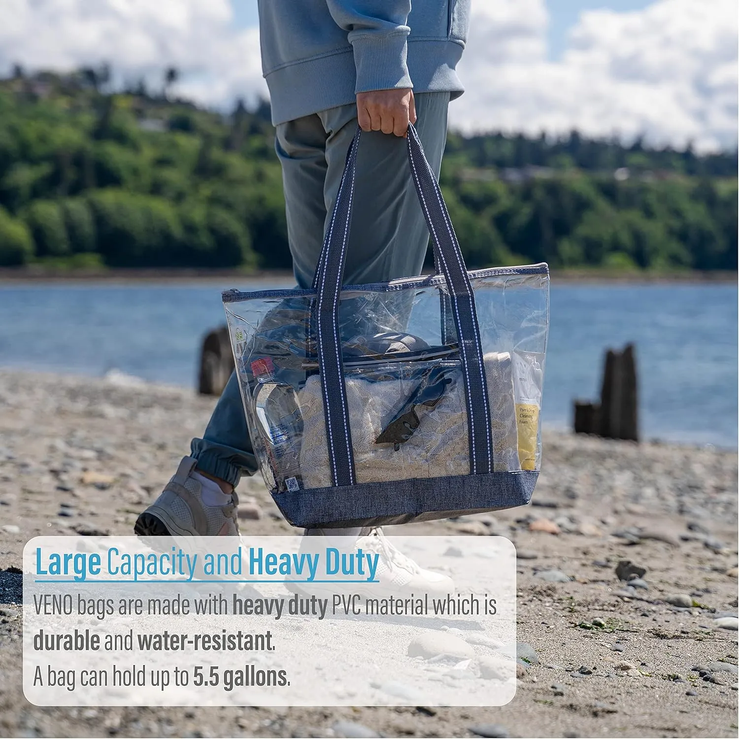 VENO 2 Pack Clear Beach Bag, Large Transparent Large Tote Bags for Women Swim Pool Gym Summer Vacation Essentials - Gray