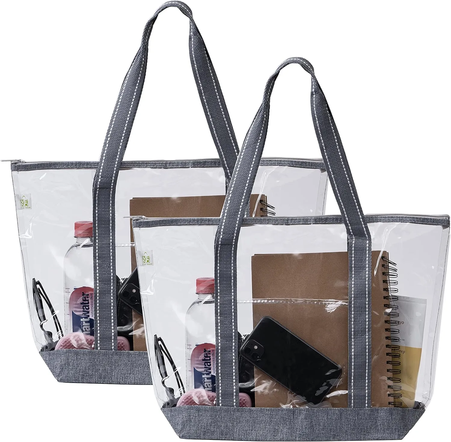 VENO 2 Pack Clear Beach Bag, Large Transparent Large Tote Bags for Women Swim Pool Gym Summer Vacation Essentials - Gray