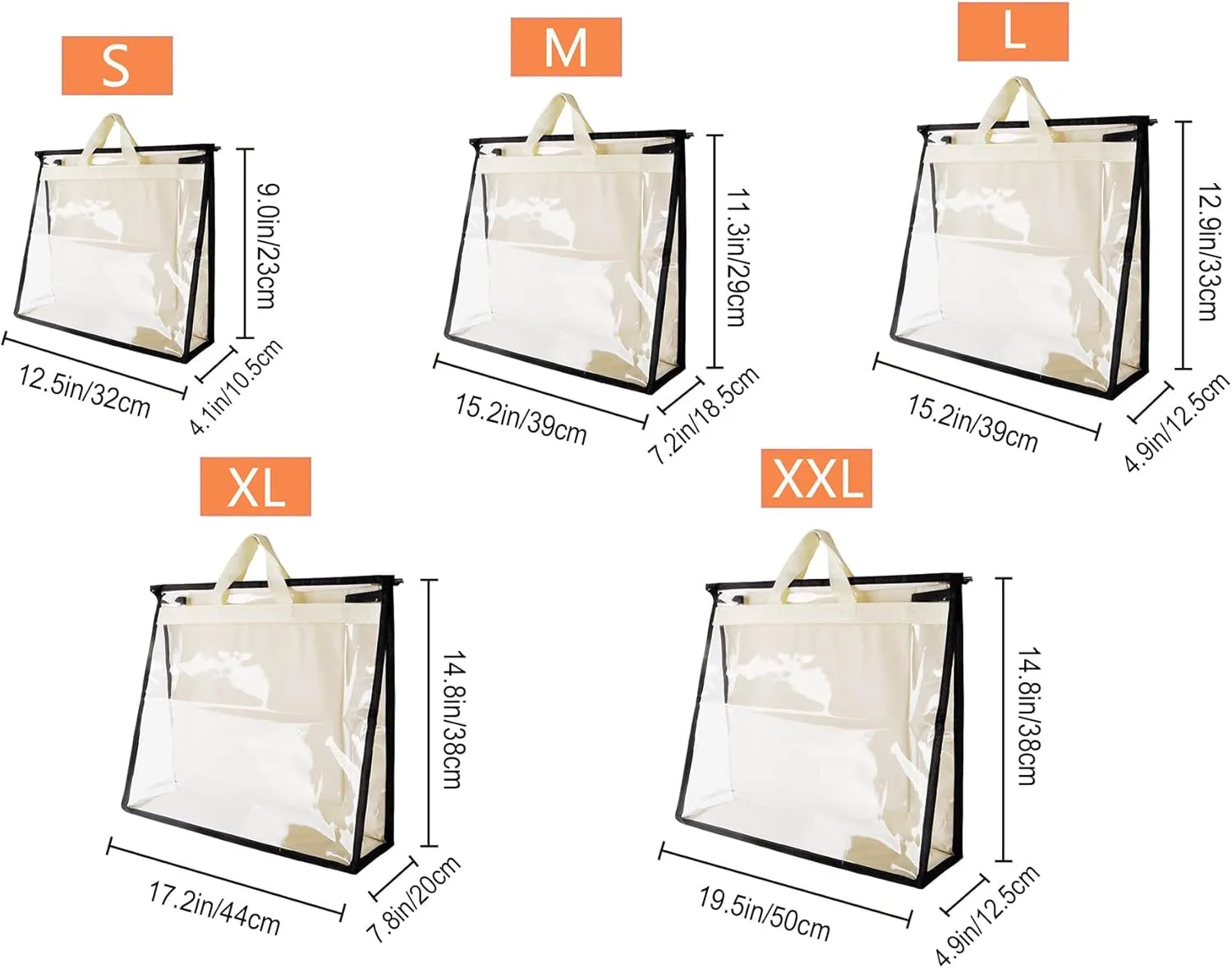 Vercord Clear PVC Handbag Dust-Free Cover Moistureproof Purse Storage Bag Organizer with Handle Zipper Space-Save Holder for Closet Beige Small