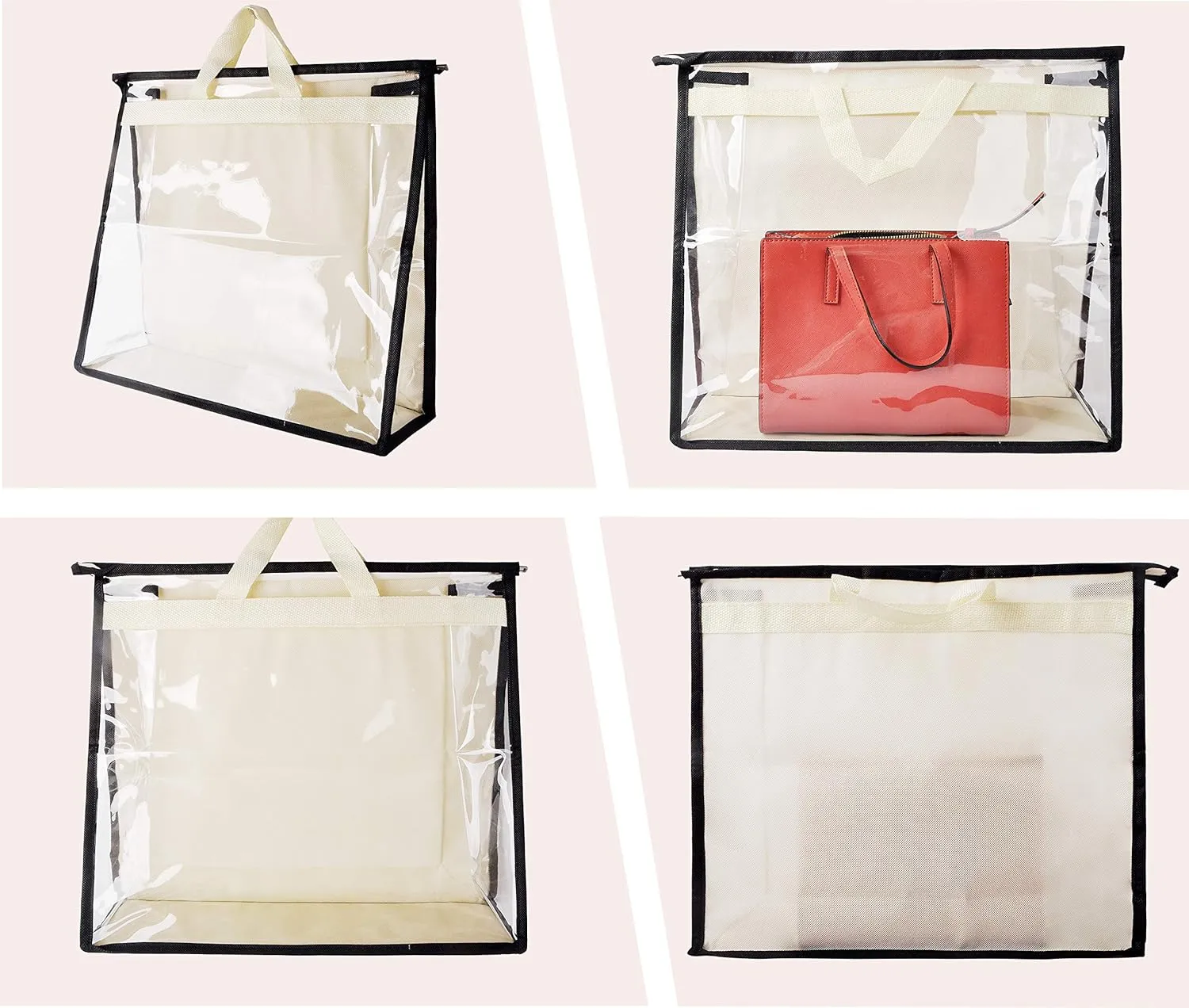 Vercord Clear PVC Handbag Dust-Free Cover Moistureproof Purse Storage Bag Organizer with Handle Zipper Space-Save Holder for Closet Beige Small