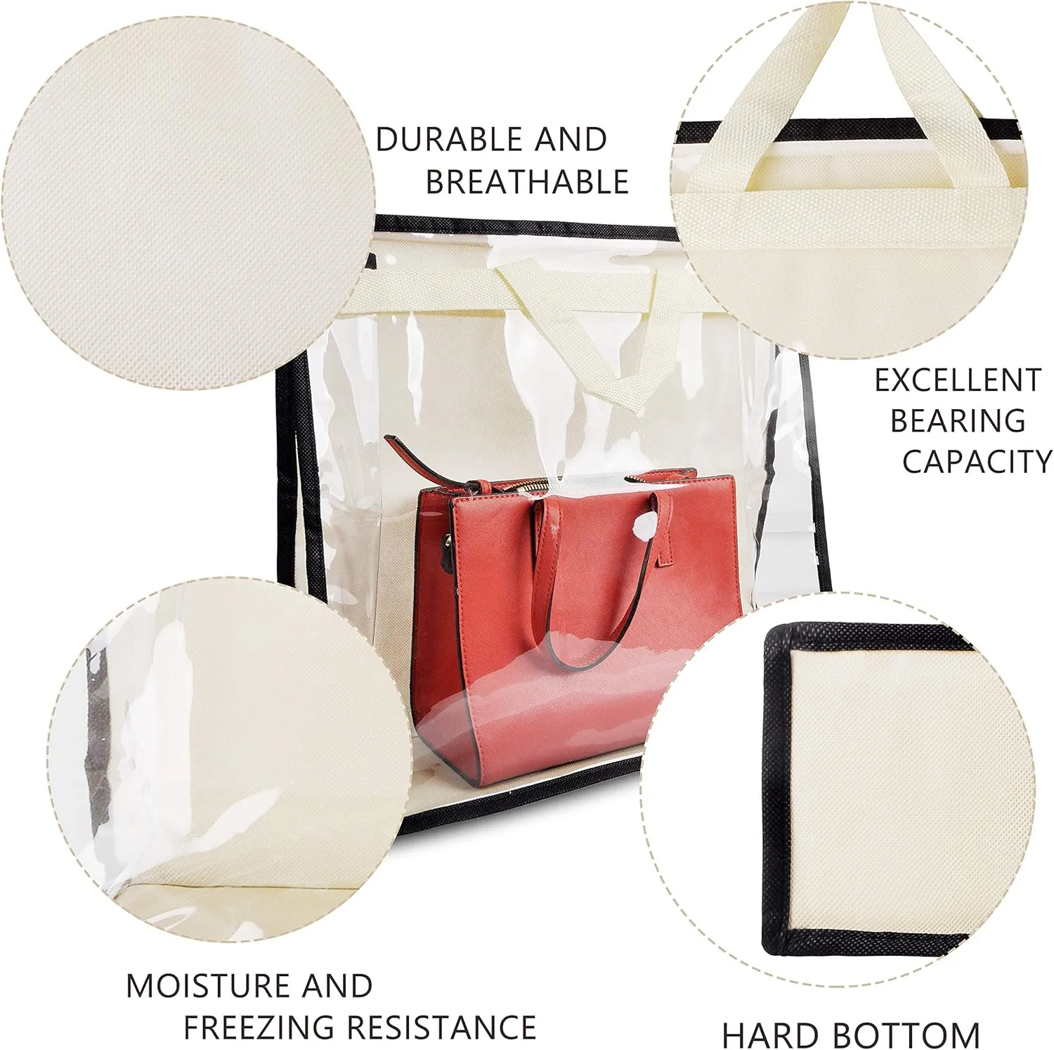 Vercord Clear PVC Handbag Dust-Free Cover Moistureproof Purse Storage Bag Organizer with Handle Zipper Space-Save Holder for Closet Beige Small