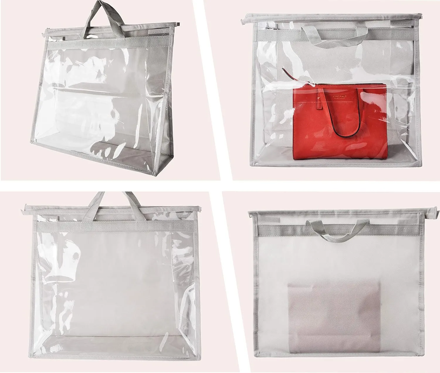 Vercord Clear PVC Handbag Dust-Free Cover Moistureproof Purse Storage Bag Organizer with Handle Zipper Space-Save Holder for Closet Grey Medium