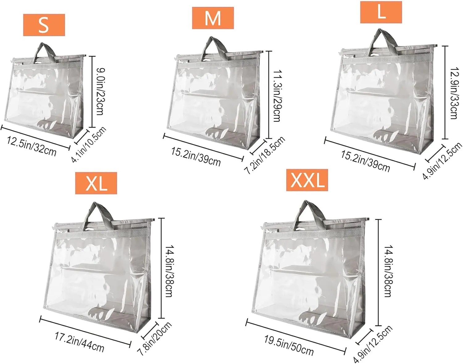 Vercord Clear PVC Handbag Dust-Free Cover Moistureproof Purse Storage Bag Organizer with Handle Zipper Space-Save Holder for Closet Grey Medium