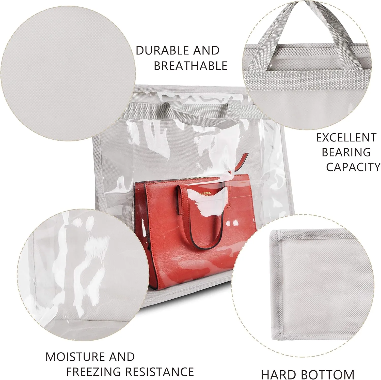 Vercord Clear PVC Handbag Dust-Free Cover Moistureproof Purse Storage Bag Organizer with Handle Zipper Space-Save Holder for Closet Grey Medium