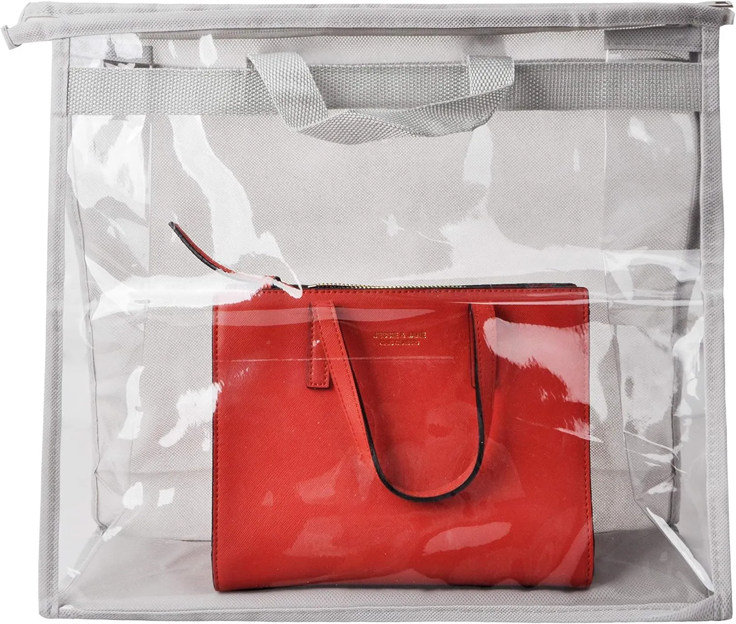 Vercord Clear PVC Handbag Dust-Free Cover Moistureproof Purse Storage Bag Organizer with Handle Zipper Space-Save Holder for Closet Grey Medium