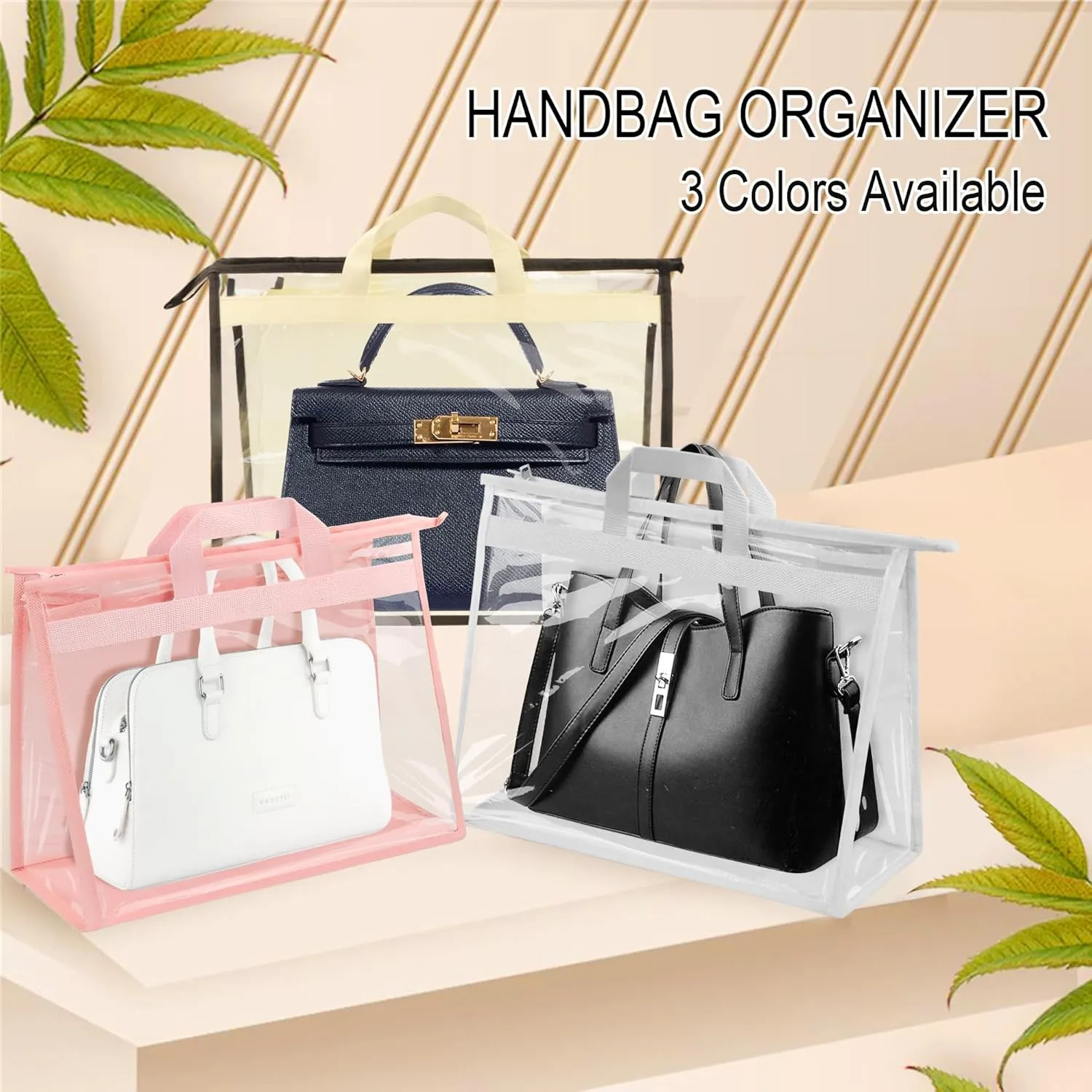 Vercord Clear PVC Handbag Dust-Free Cover Moistureproof Purse Storage Bag Organizer with Handle Zipper Space-Save Holder for Closet Grey XL 3Pcs
