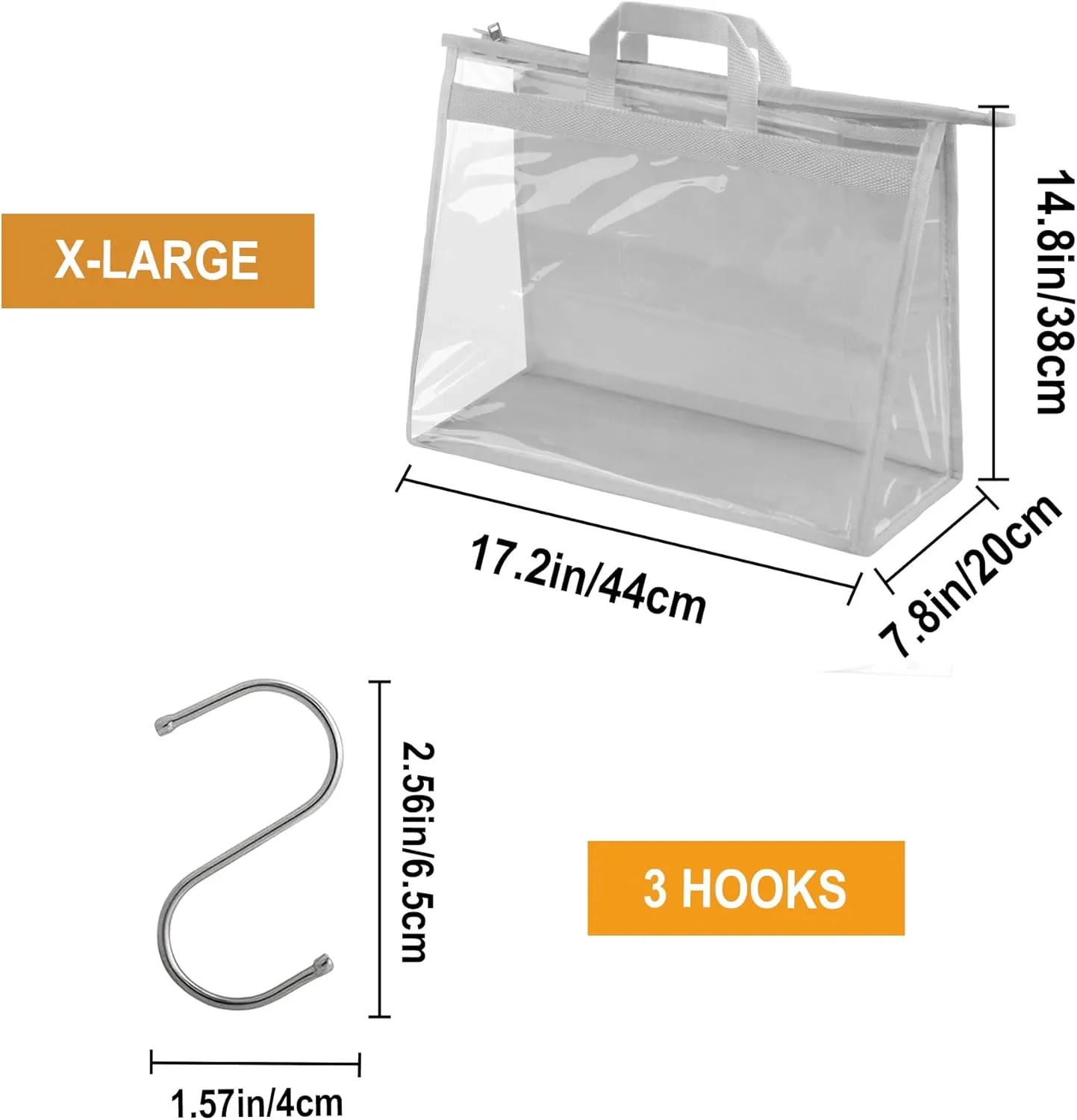 Vercord Clear PVC Handbag Dust-Free Cover Moistureproof Purse Storage Bag Organizer with Handle Zipper Space-Save Holder for Closet Grey XL 3Pcs