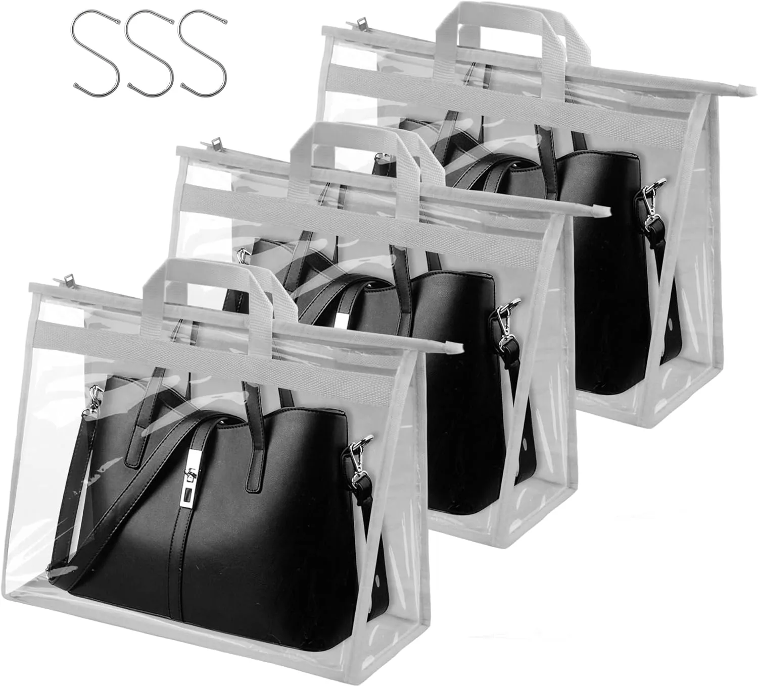 Vercord Clear PVC Handbag Dust-Free Cover Moistureproof Purse Storage Bag Organizer with Handle Zipper Space-Save Holder for Closet Grey XL 3Pcs