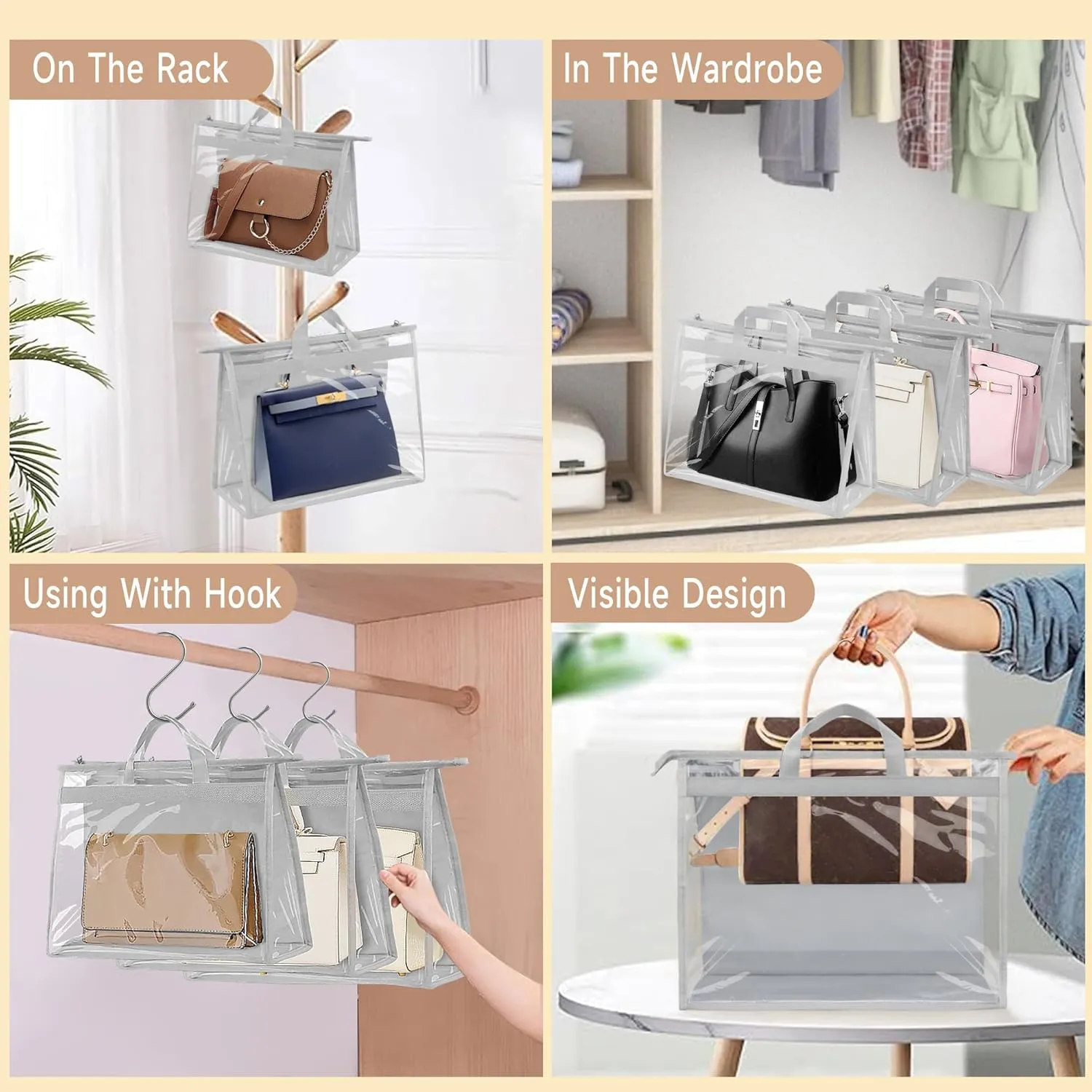 Vercord Clear PVC Handbag Dust-Free Cover Moistureproof Purse Storage Bag Organizer with Handle Zipper Space-Save Holder for Closet Grey XL 3Pcs