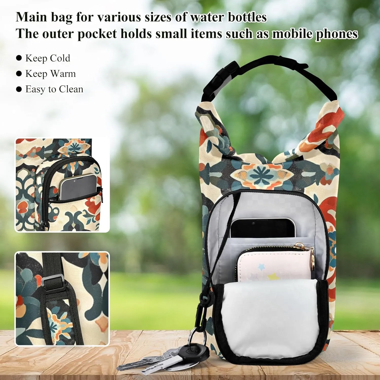 Versatile Insulated Water Bottle Bag, Fits 20oz-40oz Bottles, Lightweight & Adjustable for Commuting, Travel, Hiking & Outdoor Adventures, Ethnic Motif (2)